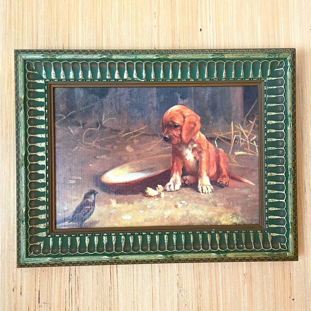 Vintage Cottage Art Print.  Puppy and Sparrow.